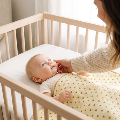 Couverture bébé jaune à cœurs avec  maman caresse son enfant dans un berceau