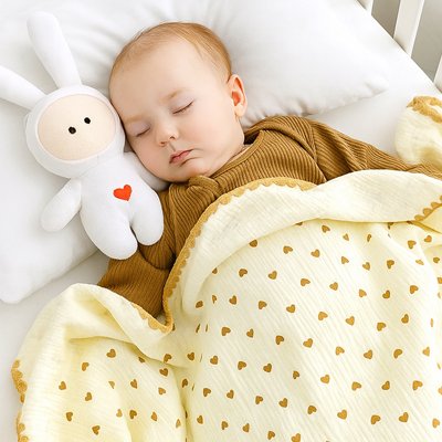 Couverture bébé jaune à petits cœurs avec tout-petit endormi avec son doudou lapin