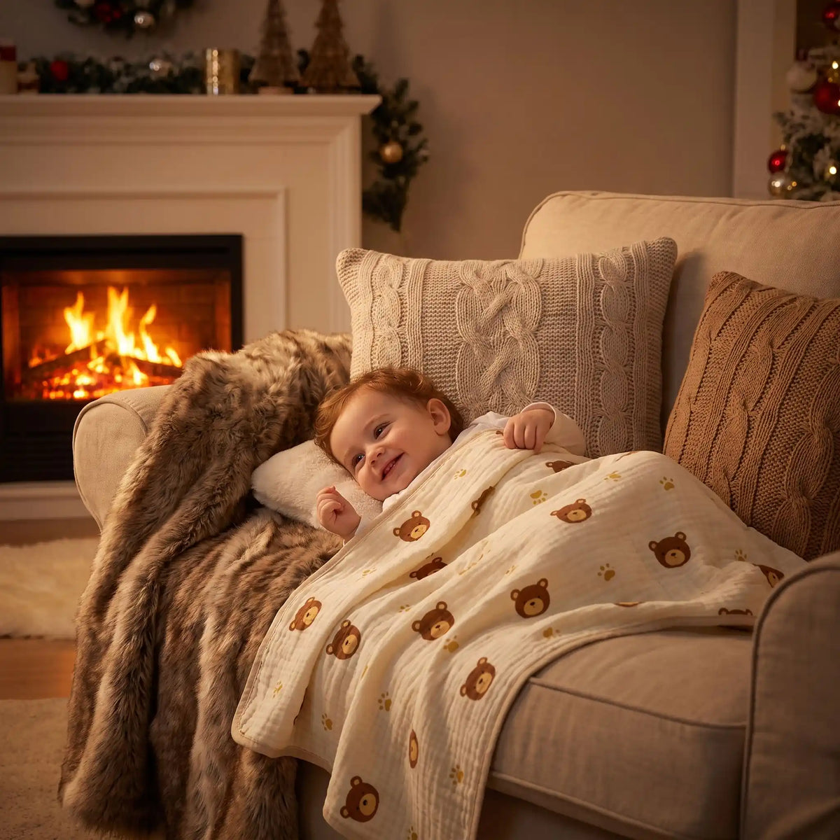 Couverture bébé oursons bruns avec enfant souriant blotti