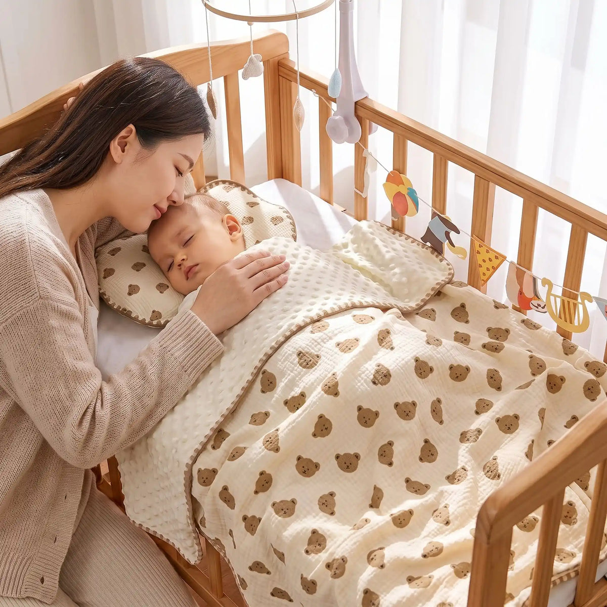 Couverture bébé oursons bruns, maman embrasse son bébé endormi au berceau