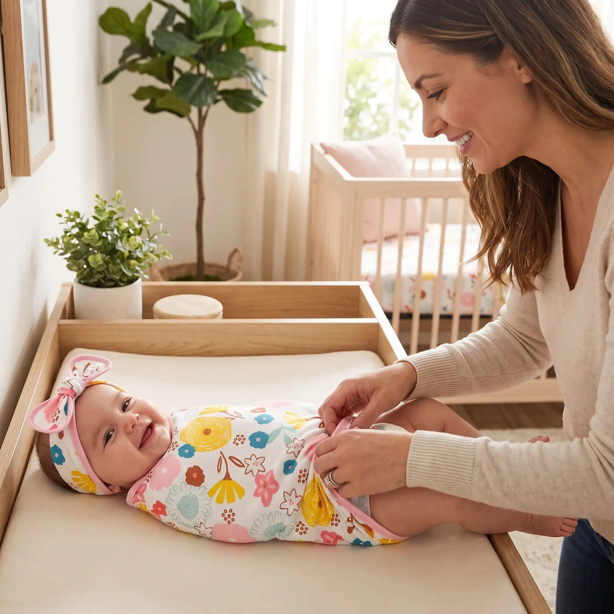 Couverture d'emmaillotage fleurs avec maman et bébé souriants échange couche
