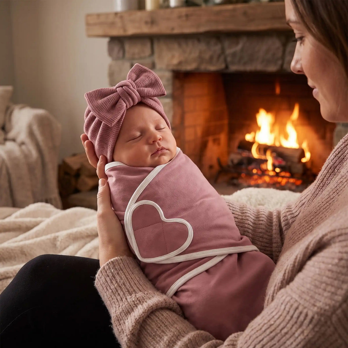 Couverture d'emmaillotage rose uni à rabat cœur avec bébé endormi dans bras maman