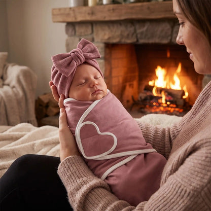 Couverture d'emmaillotage rose uni à rabat cœur avec bébé endormi dans bras maman