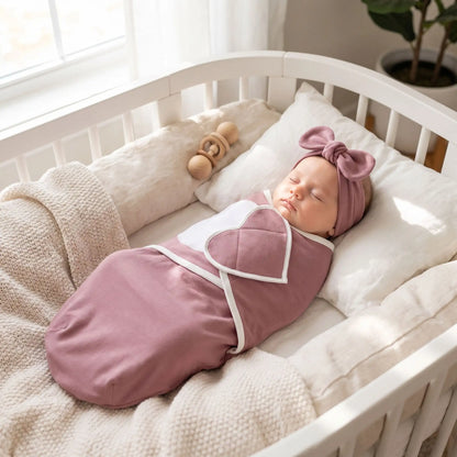 Couverture d'emmaillotage rose uni avec bébé endormi au lit
