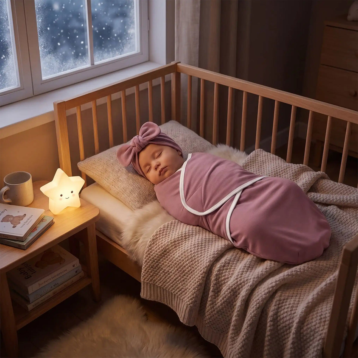 Couverture d'emmaillotage rose uni avec bébé endormi dans un berceau