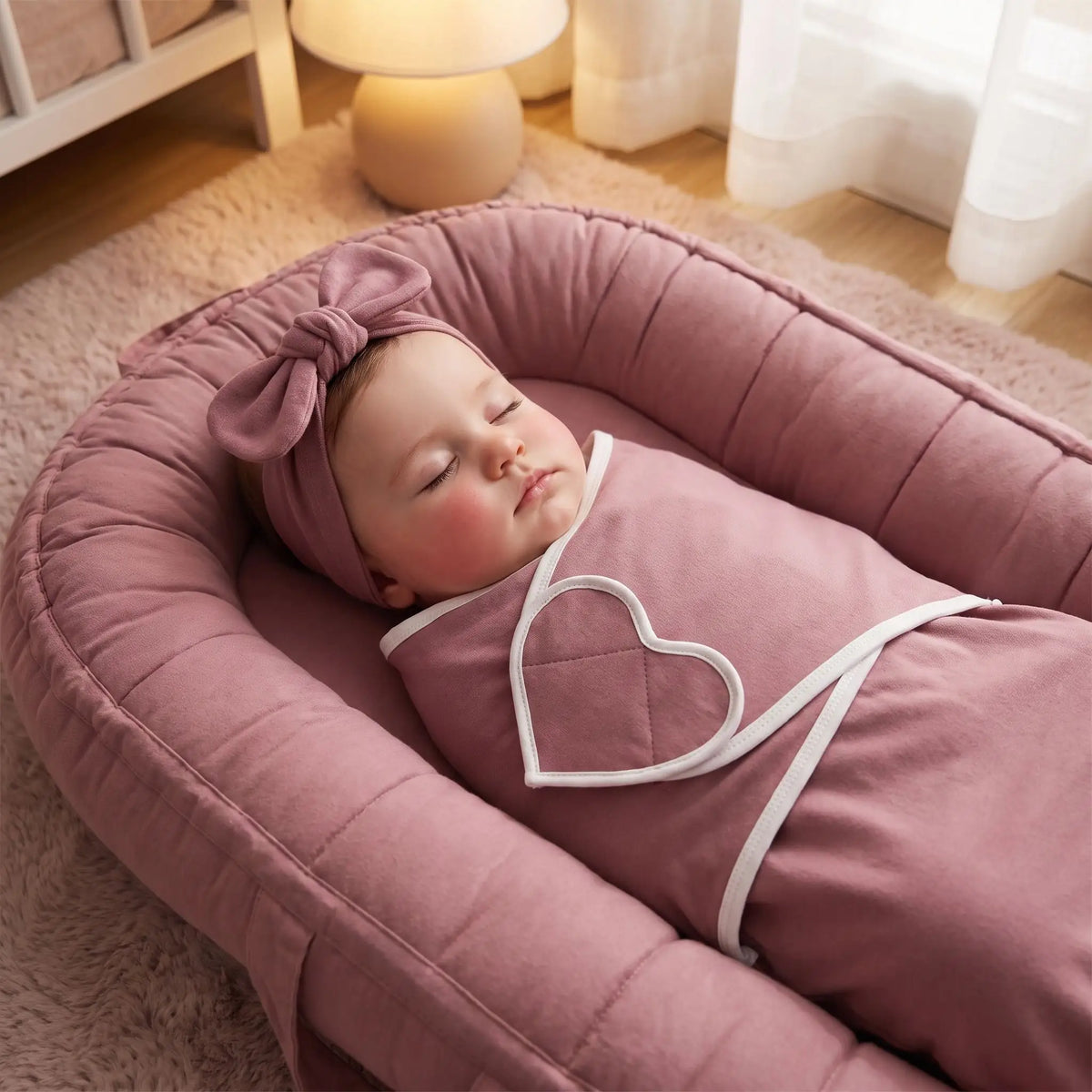 Couverture d'emmaillotage rose uni avec bébé endormi dans un nid