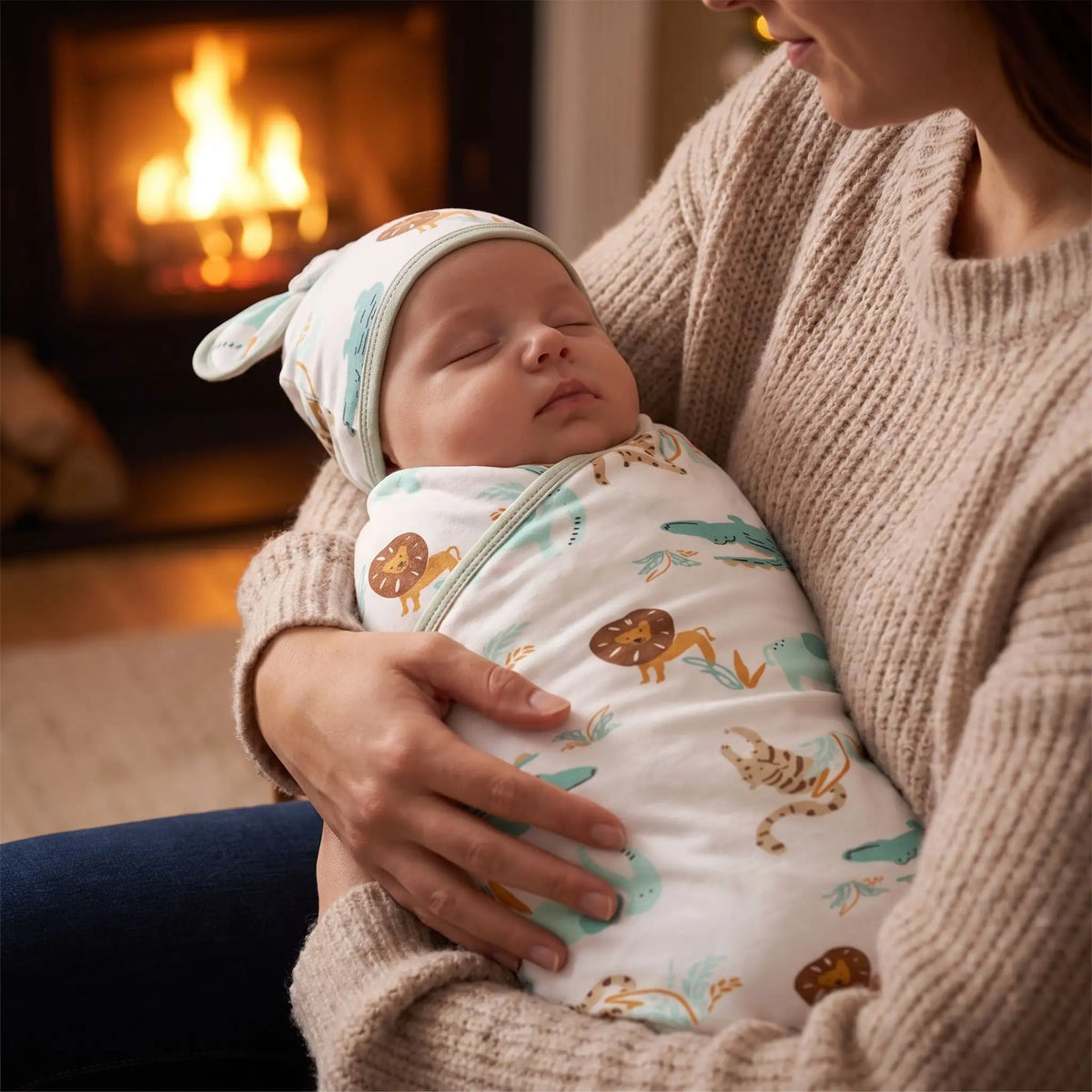 Couverture d'emmaillotage savane avec  bébé endormi dans les bras de maman