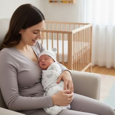 Couverture emmaillotage blanche avec bébé endormi dans les bras de sa maman