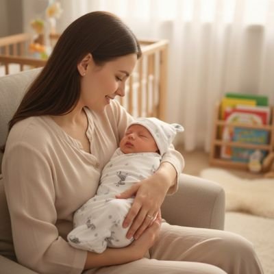 Couverture emmaillotage blanche avec maman souriante berce son nouveau-né dans un fauteuil