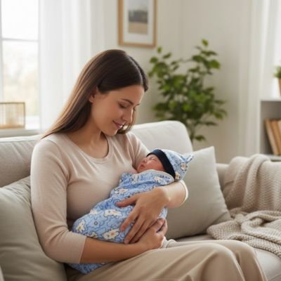 Couverture emmaillotage bleue et bonnet marine avec maman sourit à son bébé endormi dans ses bras