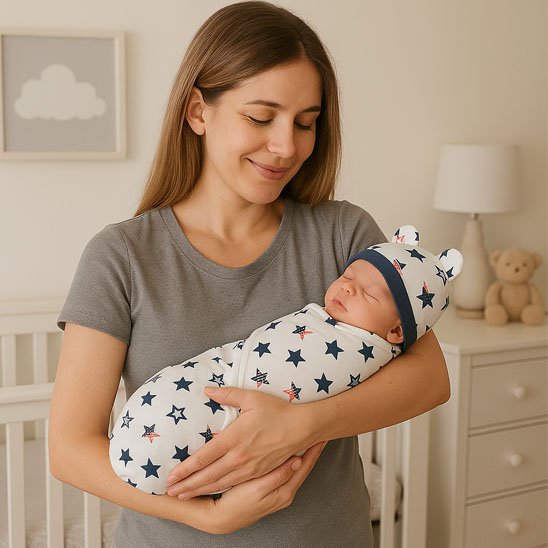 Couverture emmaillotage étoiles bleu marine avec maman souriante berce son nouveau-né