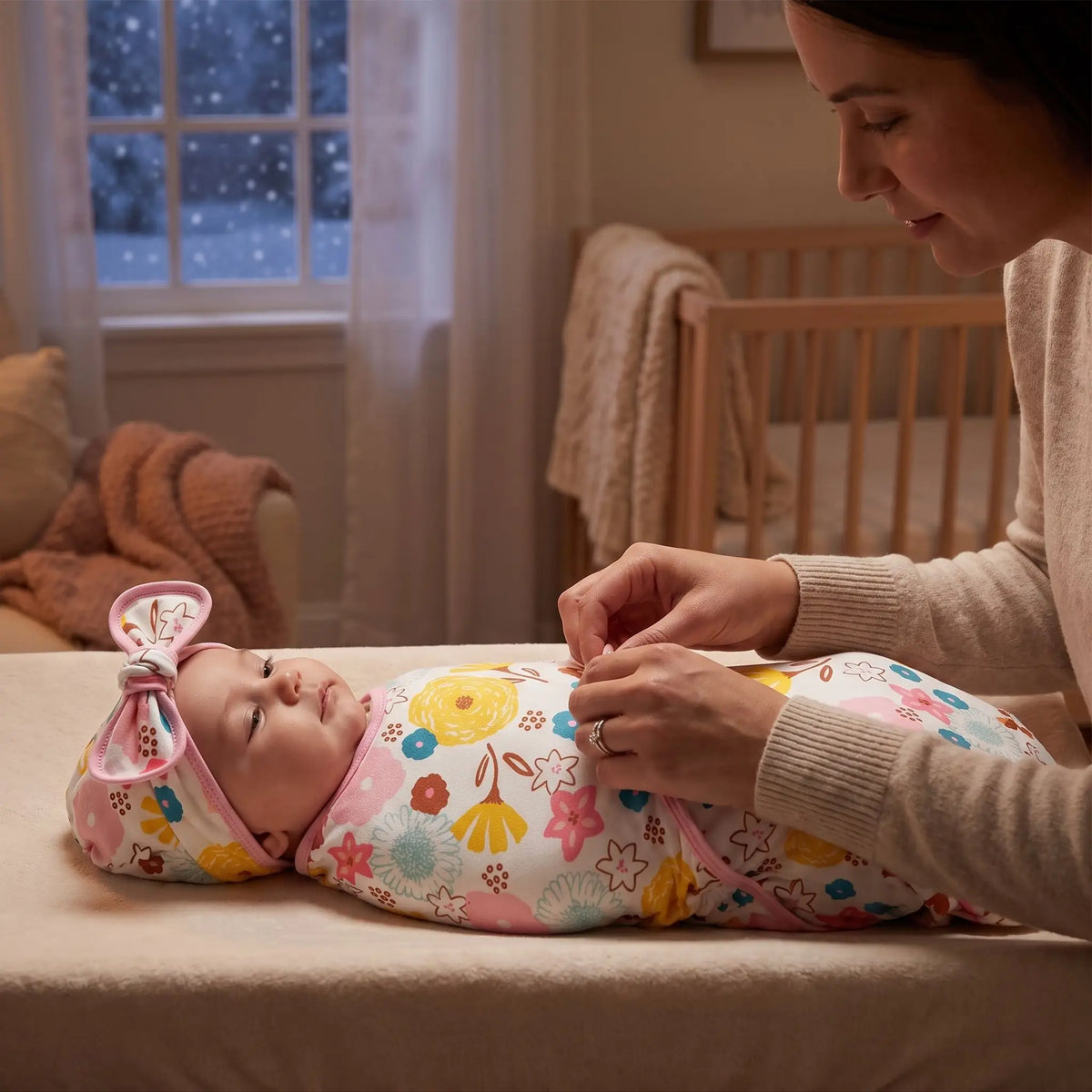 Couverture d'emmaillotage fleurs, maman ajuste la couverture de son bébé, fenêtre enneigée