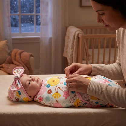 Couverture d'emmaillotage fleurs, maman ajuste la couverture de son bébé, fenêtre enneigée