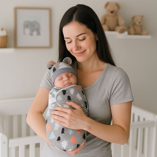 Couverture emmaillotage grise à sapins avec  maman tient son bébé endormi avec bonnet