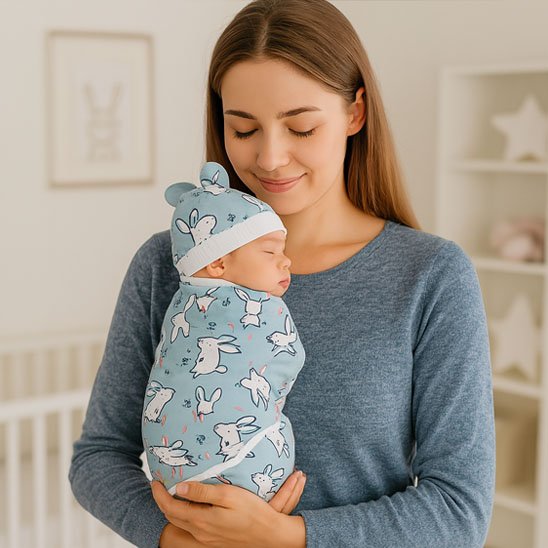 Couverture emmaillotage lapins bleus avec maman berçant  son nouveau-né endormi contre elle