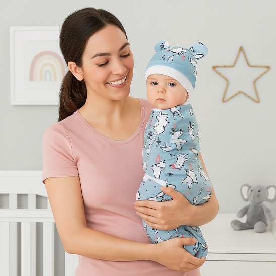 Couverture emmaillotage lapins bleus avec  maman souriante regardant son bébé éveillé