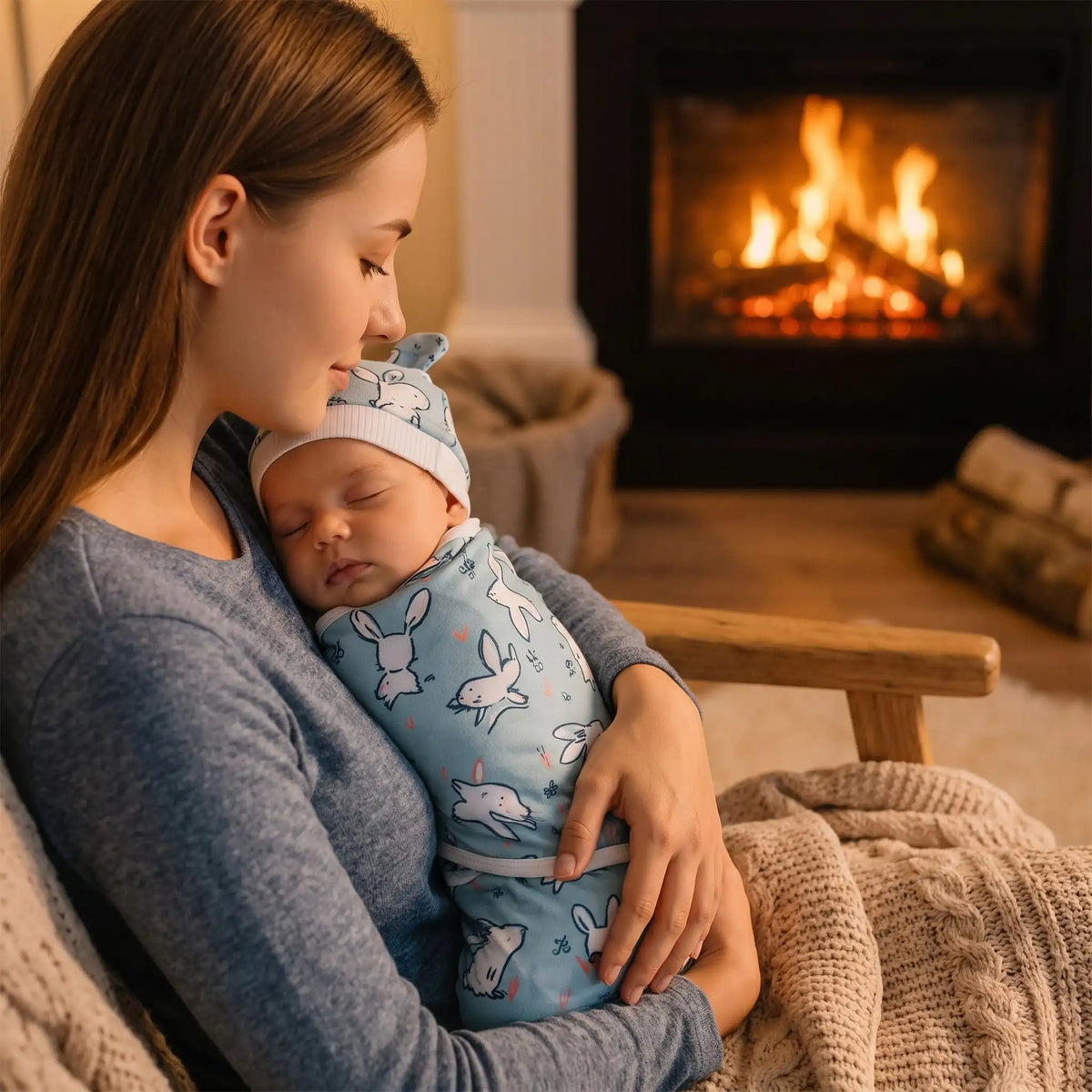 Couverture emmaillotage lapins bleus, bébé endormi contre sa maman devant la cheminée