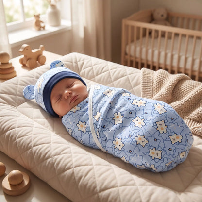 Couverture emmaillotage oursons bleue avec  bébé endormi avec bonnet dans une chambre douce