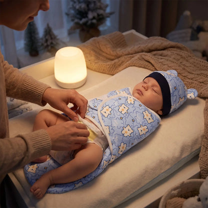 Couverture emmaillotage oursons bleue avec  maman changeant couche sur un nouveau-né à langer