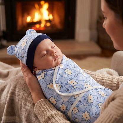 Couverture emmaillotage oursons bleus avec  maman berce son bébé endormi devant la cheminée