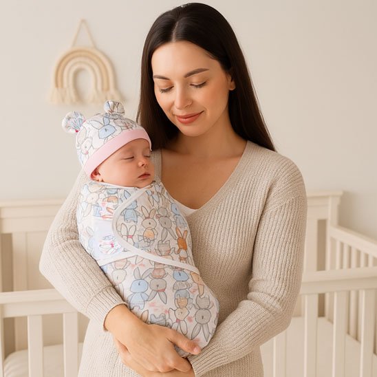 Couverture emmaillotage petits animaux avec maman tient son nouveau-né endormi avec bonnet rose