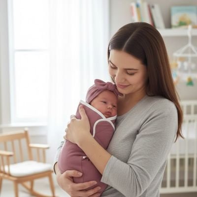 Couverture emmaillotage rose uni avec  maman debout berce son nouveau-né dans la chambre