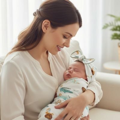 Couverture emmaillotage savane avec  maman souriante regarde son bébé endormi avec bonnet à nœud