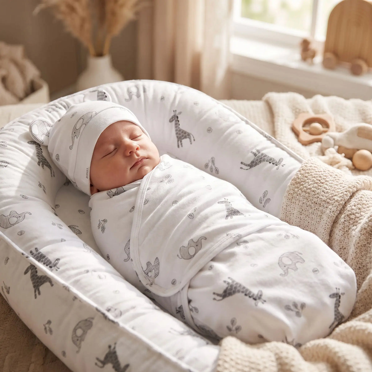 Couverture emmaillotage savane avec bébé endormi avec bonnet dans un nid blanc