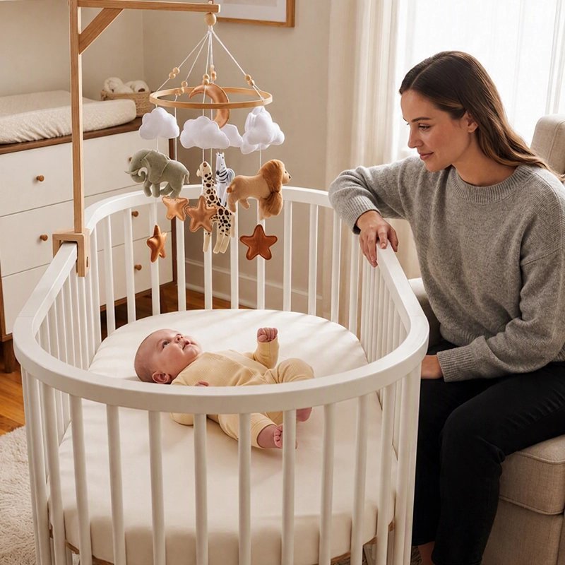 Mobile bébé avec nourrisson allongé regardant éléments suspendus avec sa maman