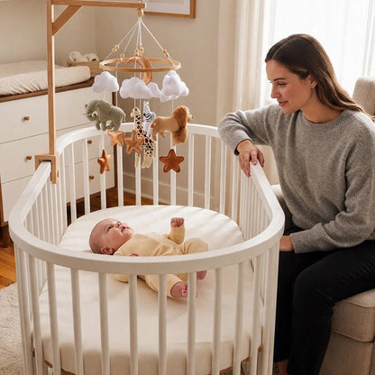 Mobile bébé avec nourrisson allongé regardant éléments suspendus avec sa maman