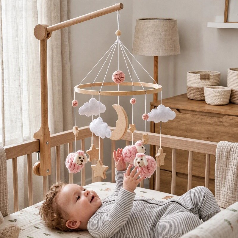 Mobile bébé avec nourrisson souriant allongé regardant nuages et moutons blancs