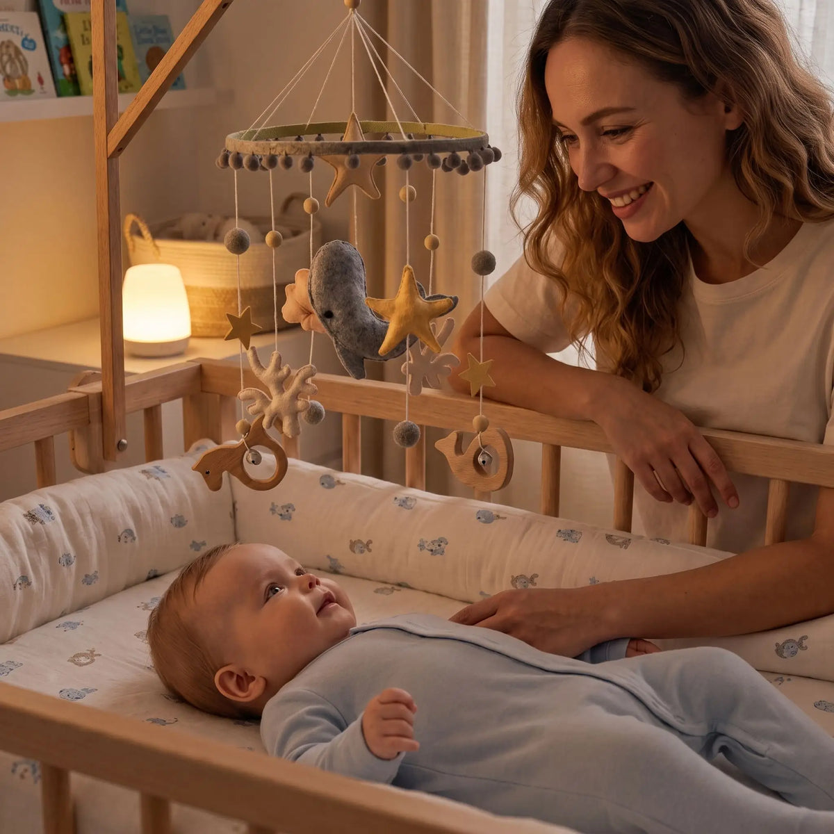 Mobile bébé baleine et étoiles tout-petit souriant regardant sa maman heureuse