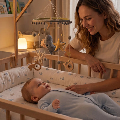 Mobile bébé baleine et étoiles tout-petit souriant regardant sa maman heureuse