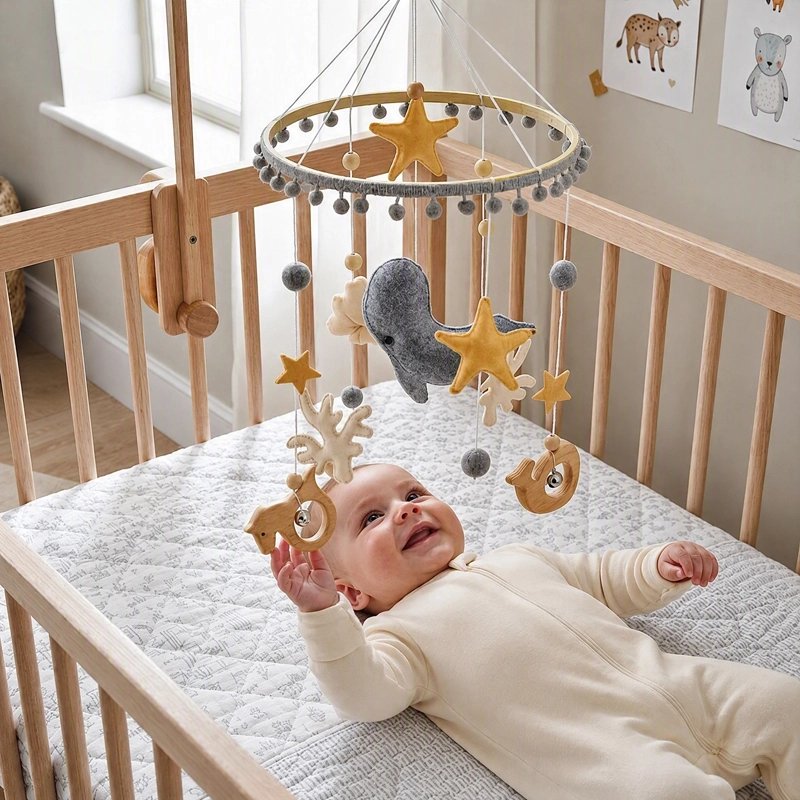 Mobile bébé baleine et étoiles de me avec tout-petit souriant allongé au berceau