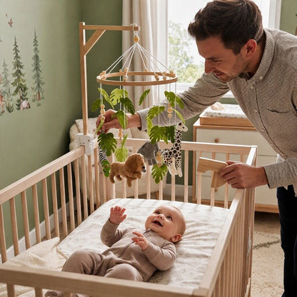 Mobile bébé feuillage tropical avec papa l'installant au-dessus du tout-petit