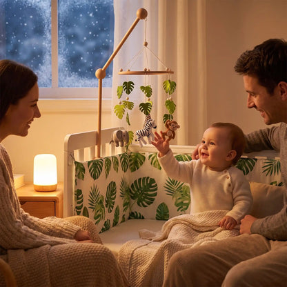 Mobile bébé safari suspendu avec nourrisson assis touchant les animaux suspendus sous la présence des parents