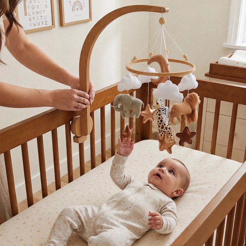 Mobile bébé lion, girafe, éléphant avec nourrisson tendant la main