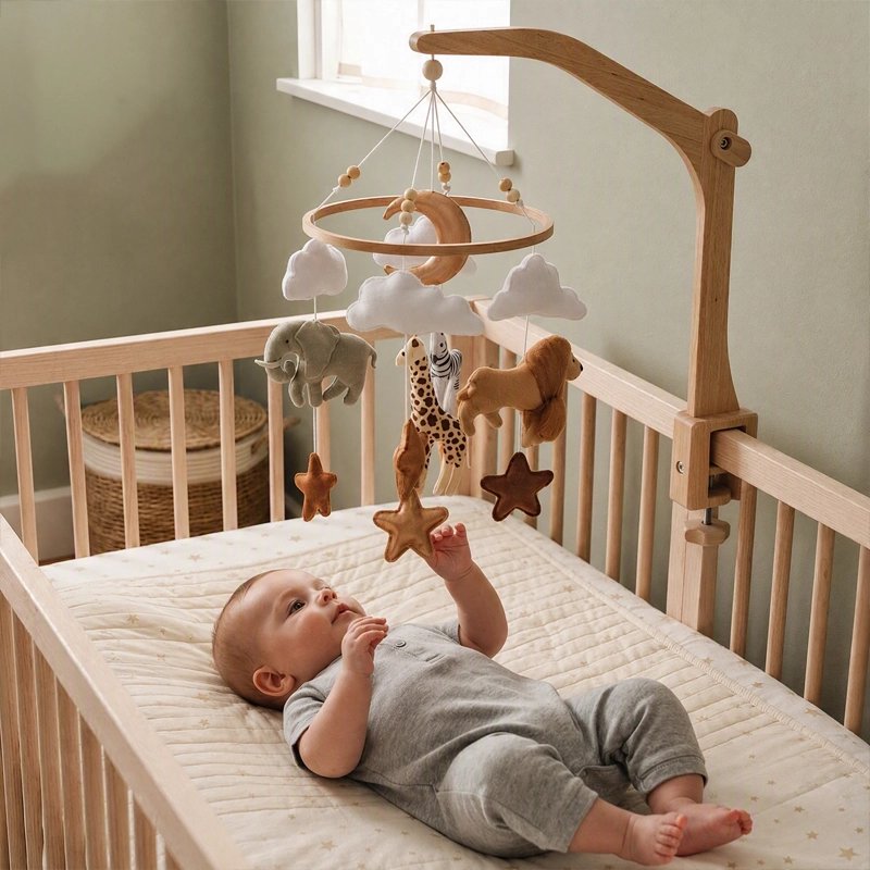 Mobile bébé lune et animaux avec nourrisson souriant touchant éléments suspendus