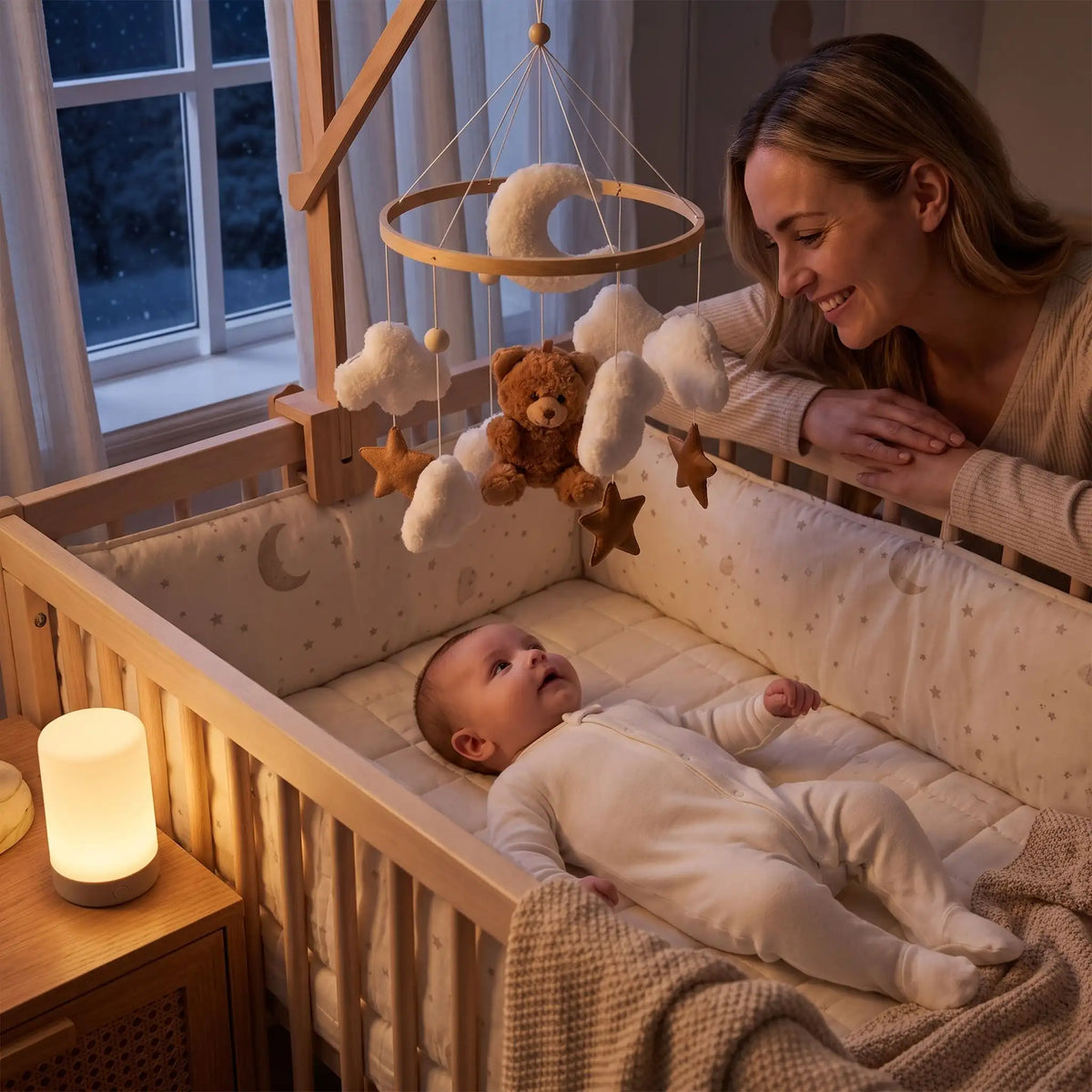 Mobile bébé lune et ourson avec  nourrisson allongé souriant à sa maman avec éléments suspendus

