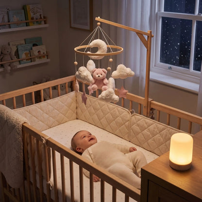 Mobile bébé lune et ourson rose avec nourrisson souriant allongé au berceau regardant peluches