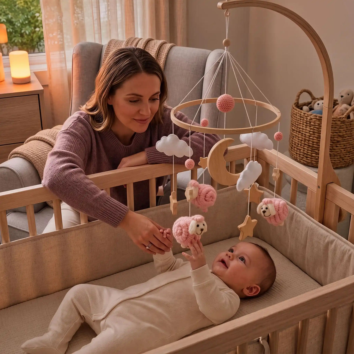 Mobile bébé  avec  nourrisson souriant, main tendue vers un mouton rose au berceau avec sa maman