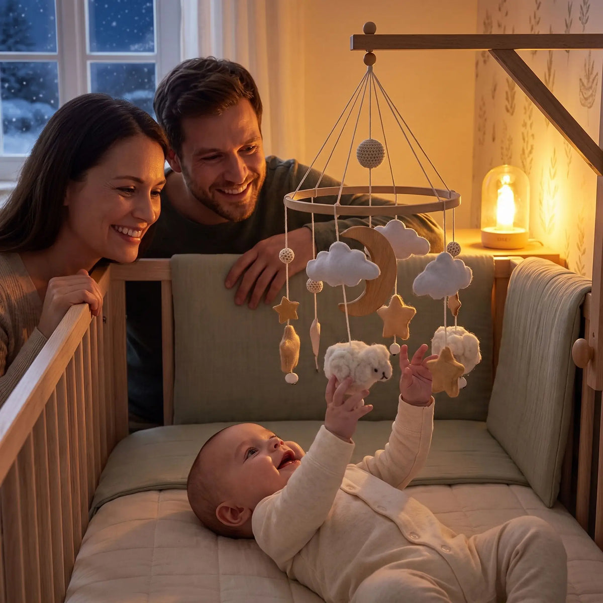 Mobile bébé nourrisson souriant saisissant un mouton avec parents attendris
