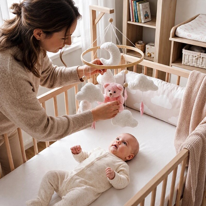 Mobile bébé ourson et nuages avec nourrisson allongé souriant et joyeux regardant les éléments suspendus