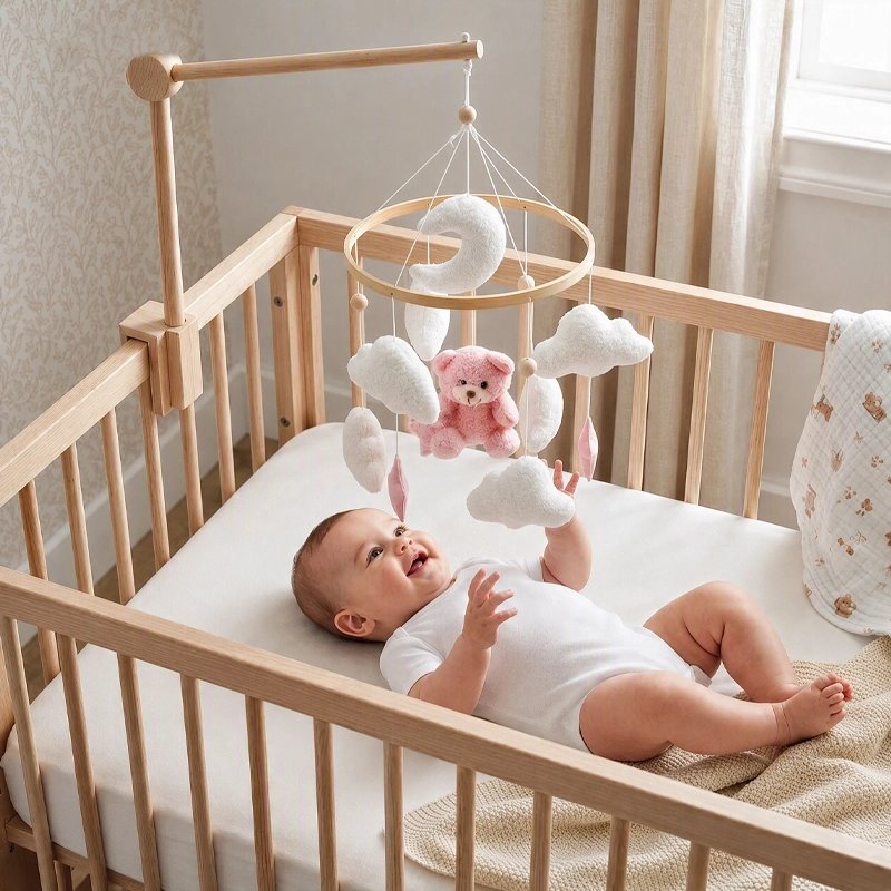 Mobile bébé oursons et étoiles avec nourrisson allongé regardant éléments suspendus sous le regard de papa