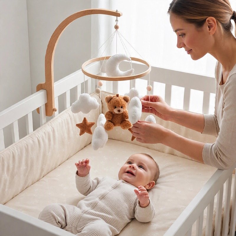 Mobile bébé oursons rose avec nourrisson allongé  regardant sa maman et les éléments suspendus