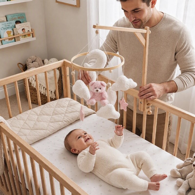 Mobile bébé oursons rose avec nourrisson allongé émerveillé par les éléments suspendus sous regard de papa