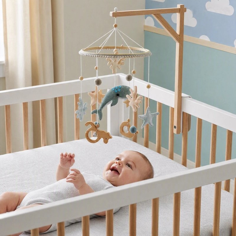 Mobile bébé thème océan avec nourrisson souriant allongé dans un lit blanc