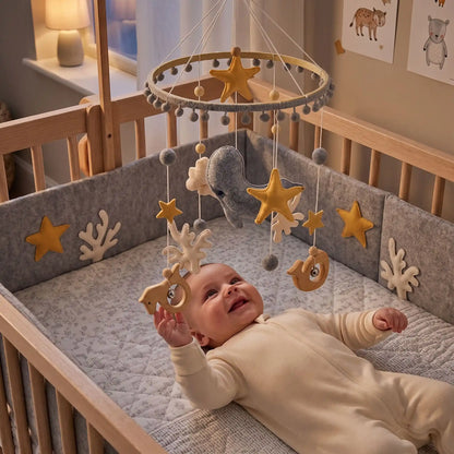 Mobile bébé thème océan avec nourrisson allongé souriant tenant un jouet