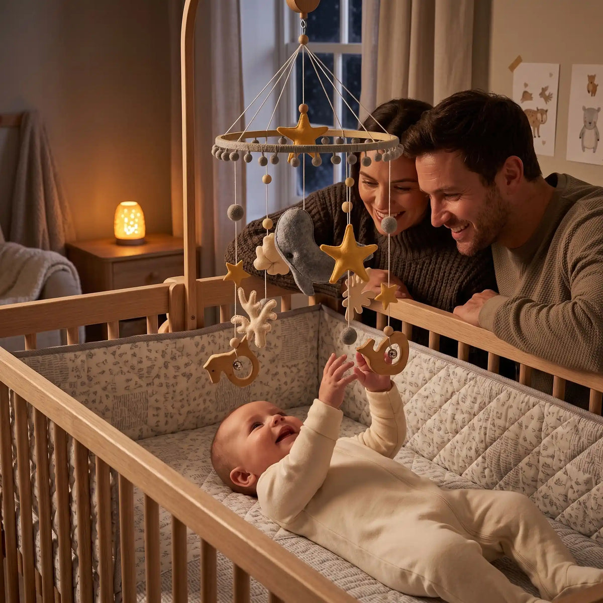 Mobile bébé thème océan avec nourrisson souriant tendant la main vers parents