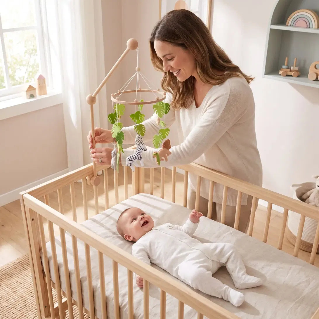 Mobile bébé safari installé par maman pendant que tout-petit sourit